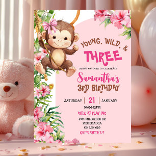 Invitation Anniversaire Trois Ans Singe Rose Jeune Sauvage