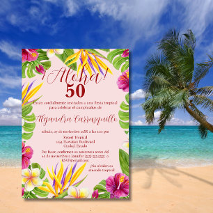 Invitation Anniversaire tropical Aloha rose hawaiien espagnol
