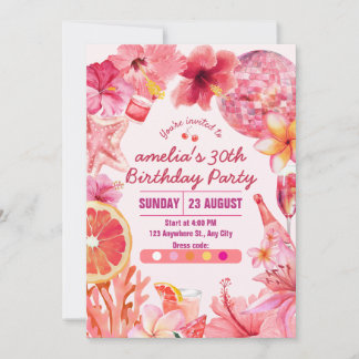 Invitation Anniversaire Tropical Disco Été Rose Fête d'Annive