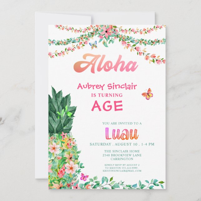 Invitation Anniversaire tropical Floral Pineapple Luau (Devant)