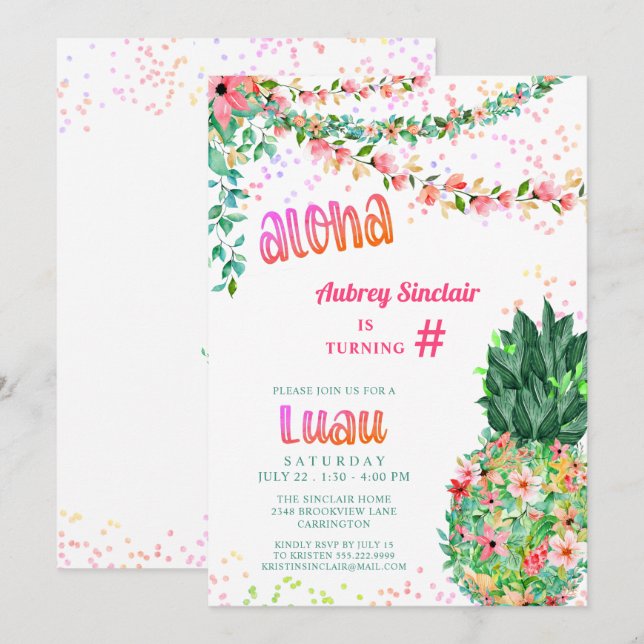 Invitation Anniversaire tropical Floral Pineapple Luau (Devant / Derrière)