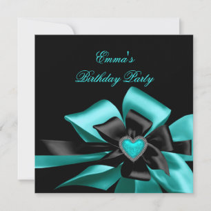 Invitation Anniversaire Turquoise Bleu Coeur Noir Bow Image