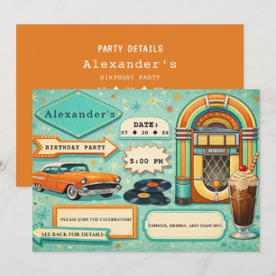 Invitation Anniversaire Turquoise et Orange Rétro des années