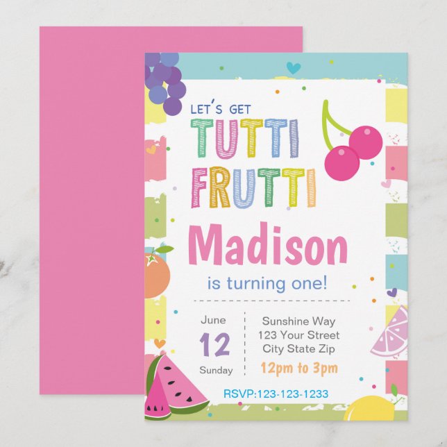 Invitation Anniversaire Tutti Fruitti (Devant / Derrière)