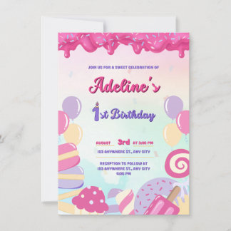 INVITATION ANNIVERSAIRE UN AN ROSE ET CANDY DOUCE