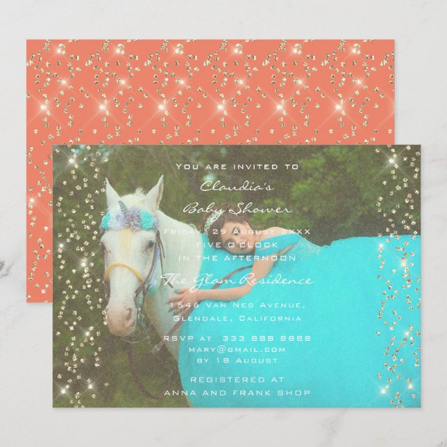 Invitation Anniversaire Unicorn Party Photo Gold Confetti Cor (Devant / Derrière)