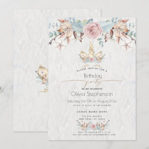 Invitation Anniversaire Unicorne d'or floral de bois d'hive