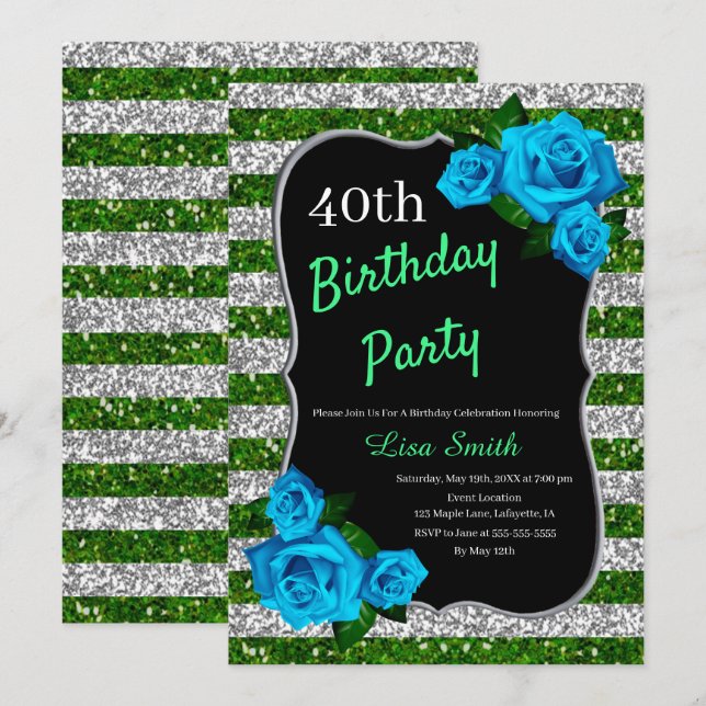 Invitation Anniversaire Vert Argent Parties scintillant Bleu  (Devant / Derrière)