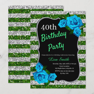 Invitation Anniversaire Vert Argent Parties scintillant Bleu 