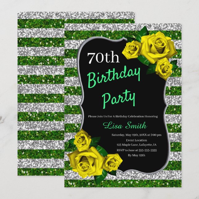 Invitation Anniversaire Vert Argent Parties scintillant Roses (Devant / Derrière)