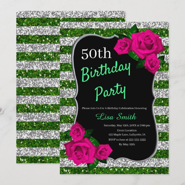 Invitation Anniversaire Vert Argent Parties scintillant Roses (Devant / Derrière)