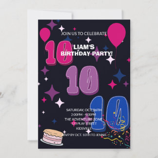 Invitation Anniversaire vibrant 10 ans | Confettis rose bleu