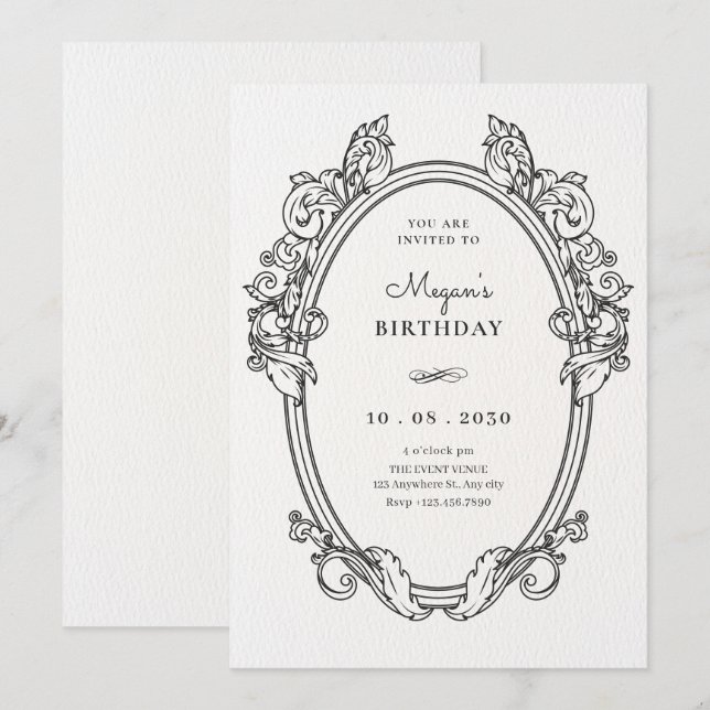 Invitation anniversaire vintage d'art cadre élégant (Devant / Derrière)