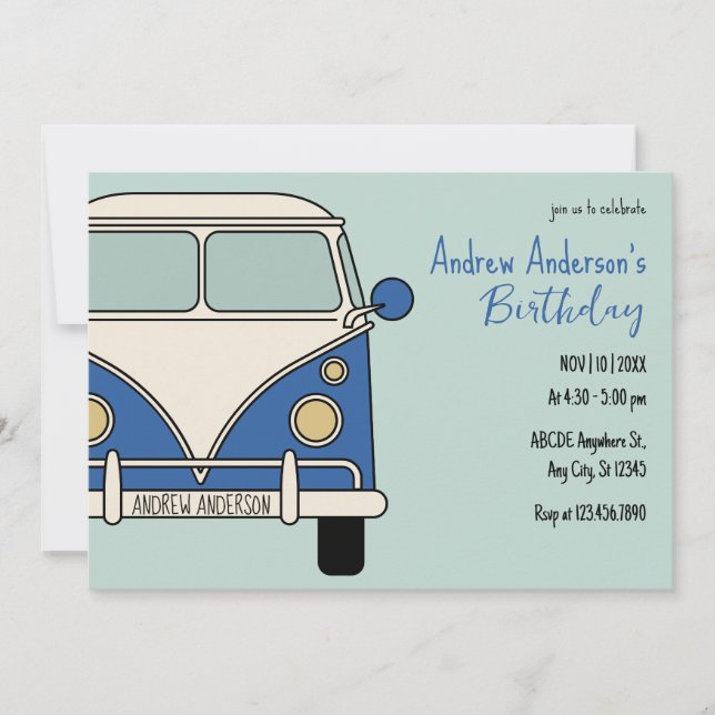 Invitation Anniversaire vintage de la fourgonnette bleue (Devant)