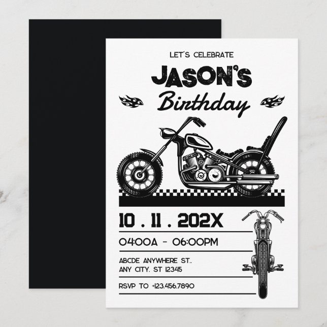 Invitation anniversaire vintage Motorcycle moto (Devant / Derrière)