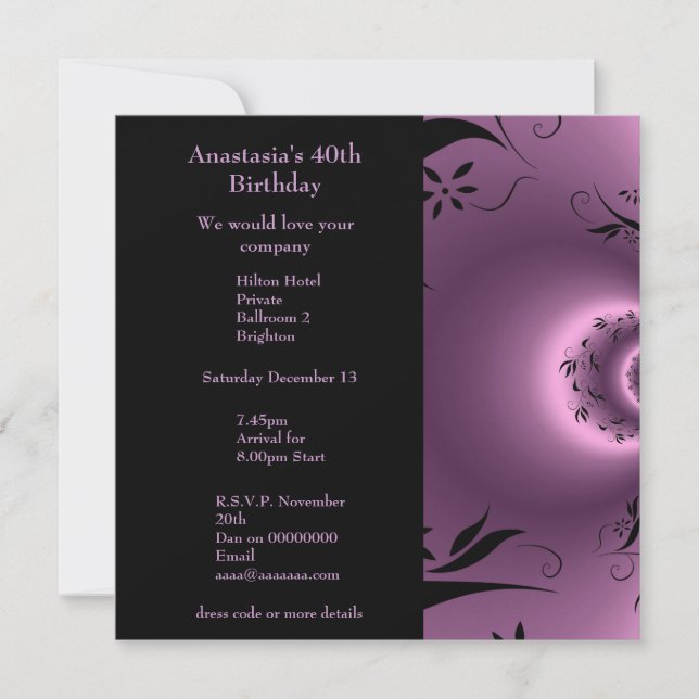 Invitation Anniversaire violet avec noir floral po (Devant)