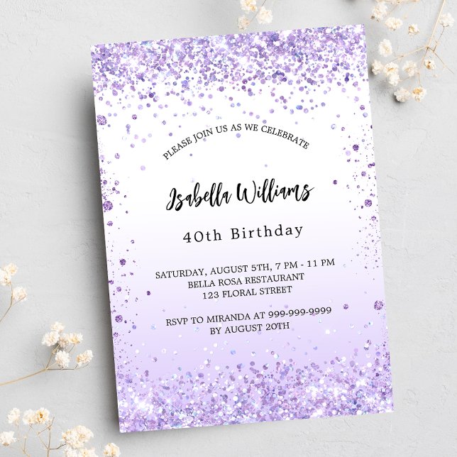 Invitation Anniversaire violet lavande scintille luxe script (Créateur téléchargé)