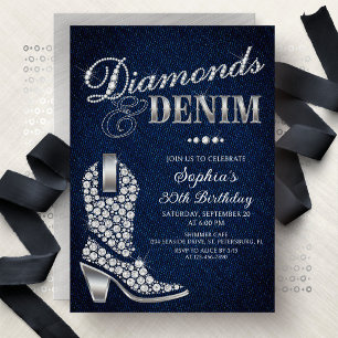 Invitation Anniversaire Western Denim Diamants
