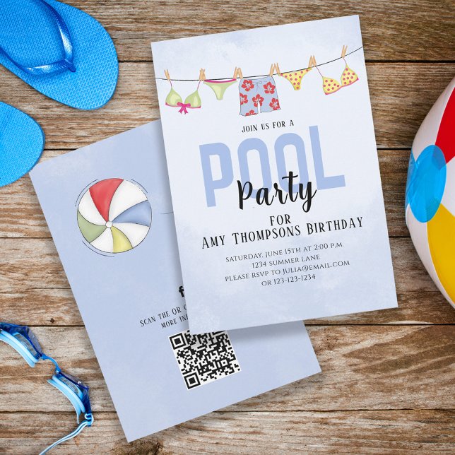 Invitation Anniversaire Whimsical Pool Party QR Code Social M (Créateur téléchargé)