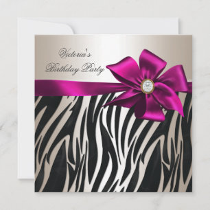 Invitation Anniversaire Zèbre Blanc Crème Noir Rose
