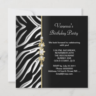 Invitation Anniversaire Zèbre Or Noir Blanc Floral