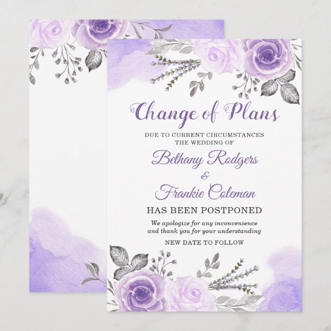 Invitation Annonce de changement de plans Chic floral pourpre (Devant / Derrière)