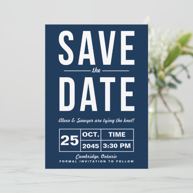 Invitation Annonce de date de mariage à typographie rétro mar (Debout devant)