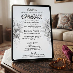 Invitation Annonce de décès musulman Prière Janaza féminine