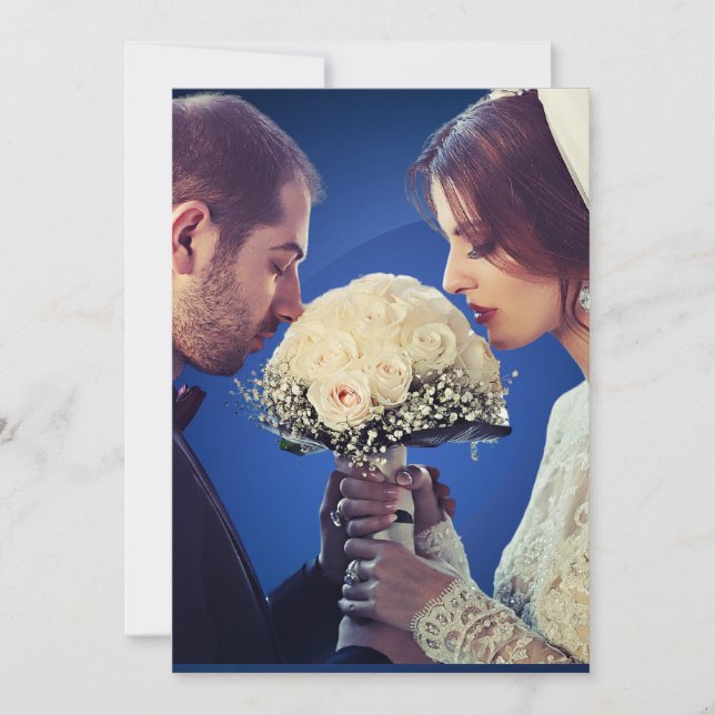 Invitation Annonce de fuite glamour bleu et or (Devant)