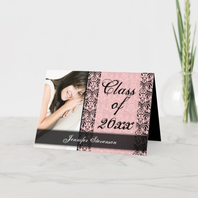 Invitation Annonce de graduation chic rose et noir Damask (Devant)