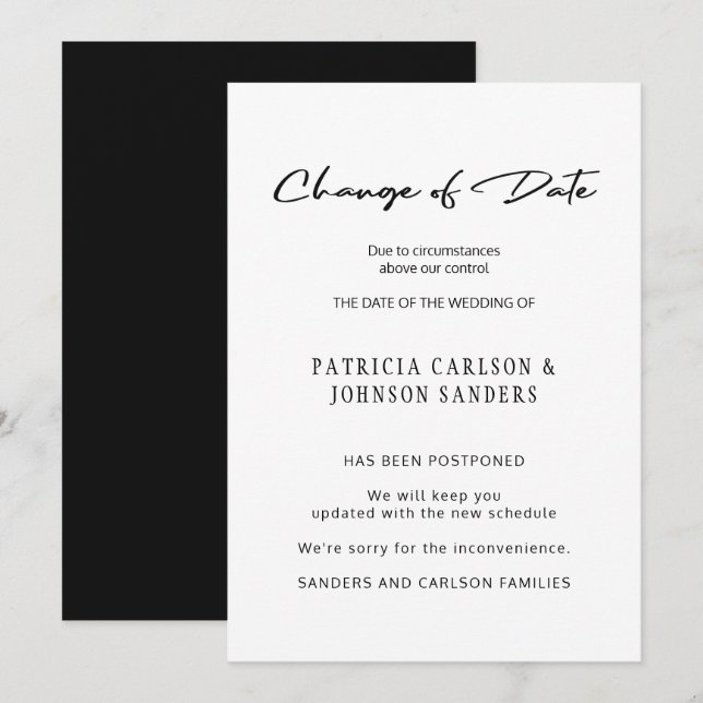 Invitation Annonce de report de mariage changement de date (Devant / Derrière)