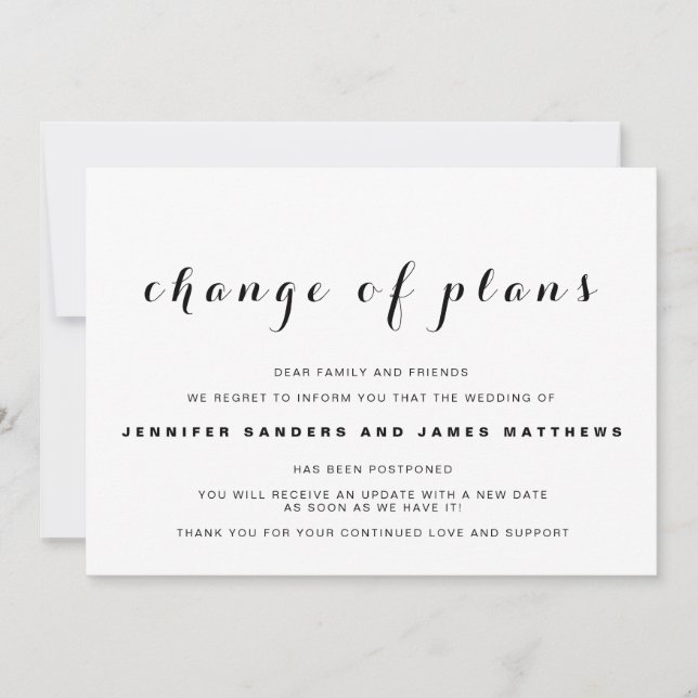 Invitation Annonce de report de mariage "Changement de plans" (Devant)