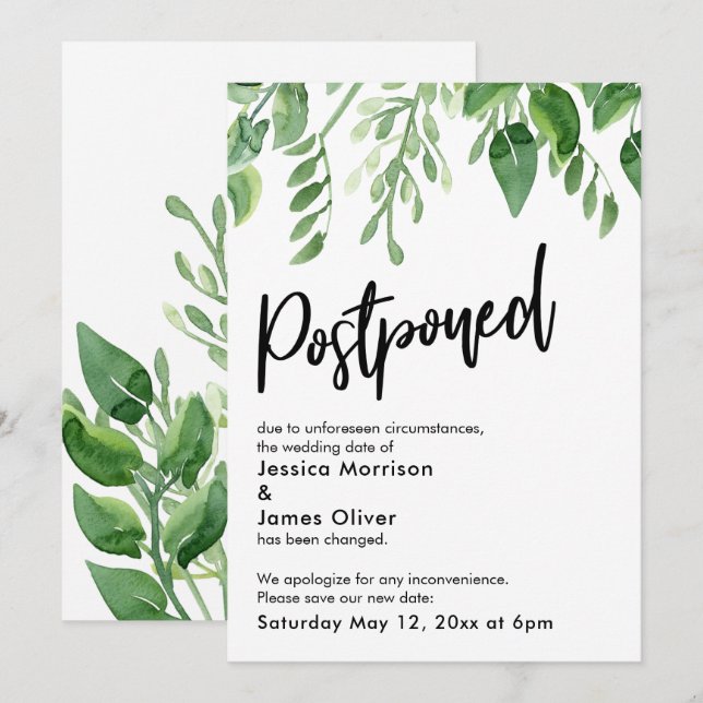 Invitation Annonce de report de mariage de Painted Greenery (Devant / Derrière)