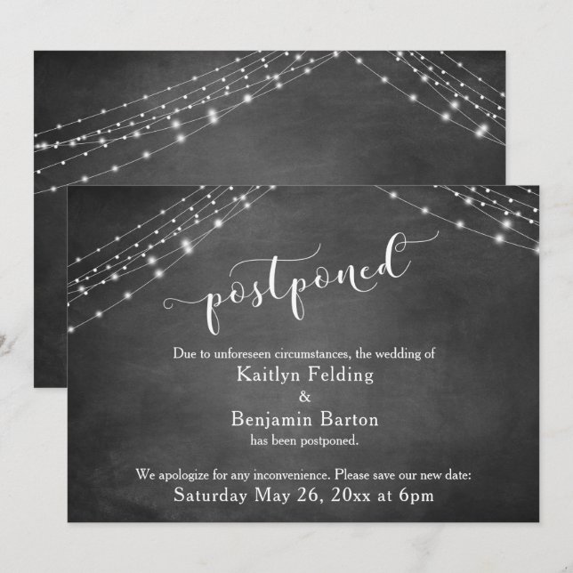 Invitation Annonce de report de mariage tableau noir et lumiè (Devant / Derrière)