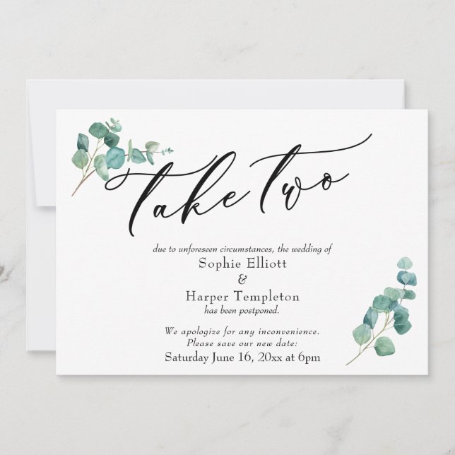 Invitation Annonce de report de mariage Take Two Eucalyptus (Devant)
