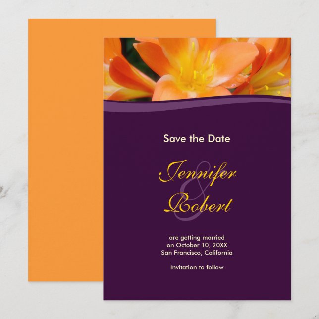 Invitation Annonce de sauvegarde de date violette et orange (Devant / Derrière)
