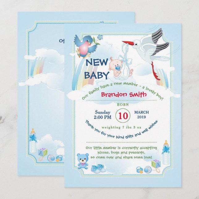Invitation annonce pour le nouveau bébé, c'est un garçon (Devant / Derrière)