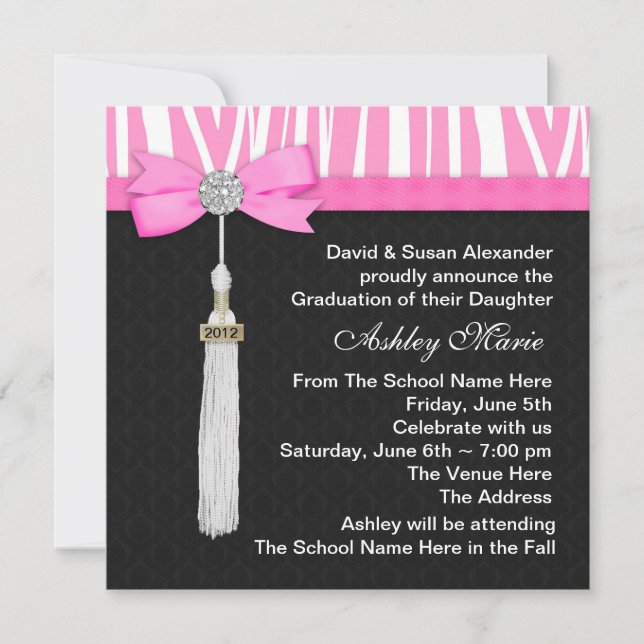 Invitation Annonces de Graduation de Hot Pink Zebra (Devant)