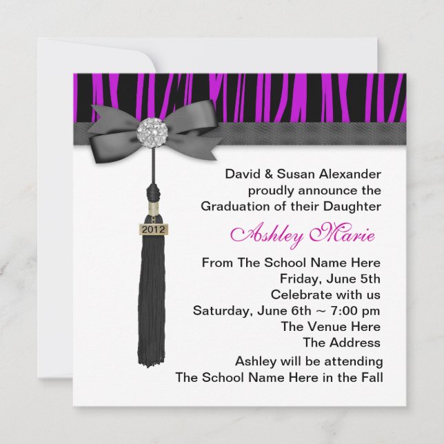 Invitation Annonces de Graduation Girls Purple Zebra (Devant)