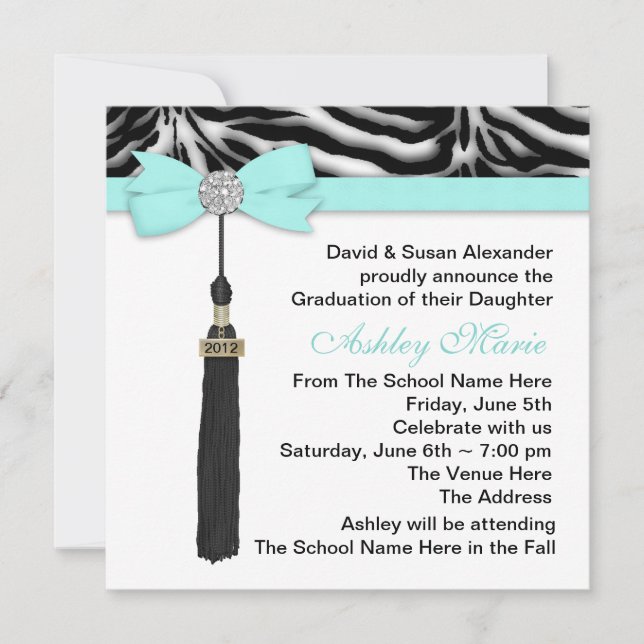Invitation Annonces de graduation turquoise Blue Zebra (Devant)