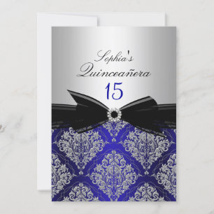 Invitation Annonces de Quinceanera Blue & Silver Damask