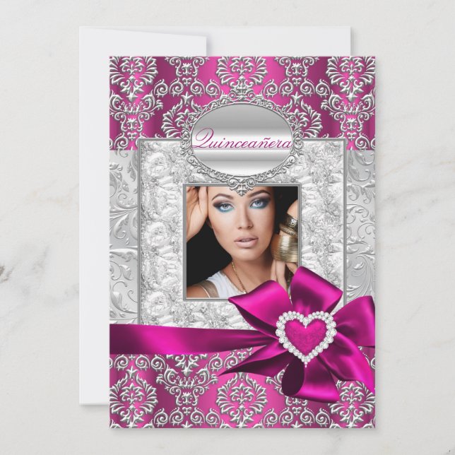 Invitation Annonces de Quinceanera Pink & Silver Damask (Devant)