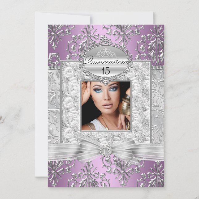 Invitation Annonces de Quinceanera pourpre & argent damassé (Devant)