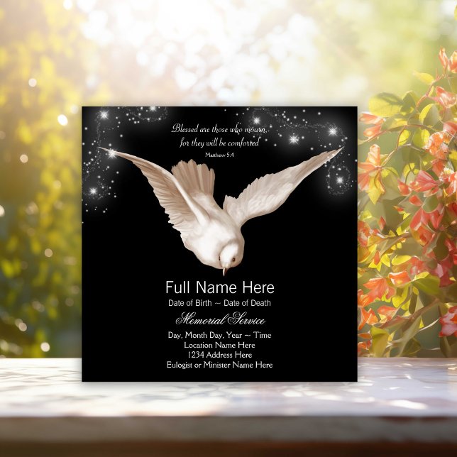 Invitation Annonces du service commémoratif Black White Dove (Dove memorial, funeral announcement. You can change the background color. Simply add event details.)