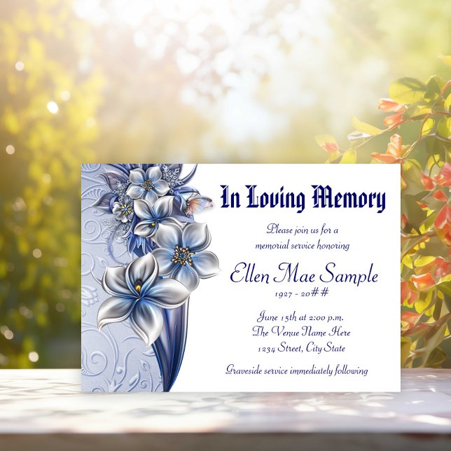 Invitation Annonces élégantes du service commémoratif bleu (Pretty blue floral memorial and funeral invitation notice. Simply add your event details.)