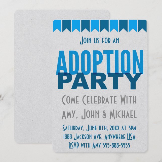 Invitation Annonces modernes bleues d'adoption de partie (Devant / Derrière)