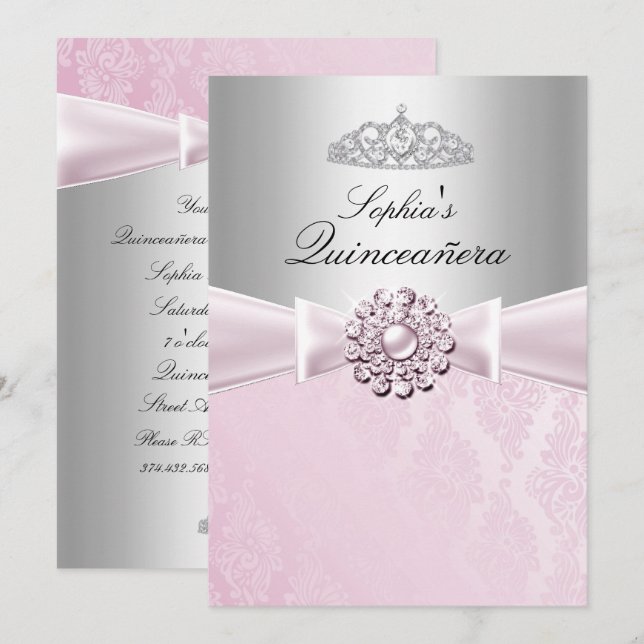 Invitation Annonces Pink Bow & Tiara Quinceanera (Devant / Derrière)
