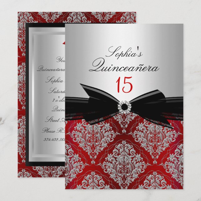 Invitation Annonces Red Damask Bow Quinceanera (Devant / Derrière)
