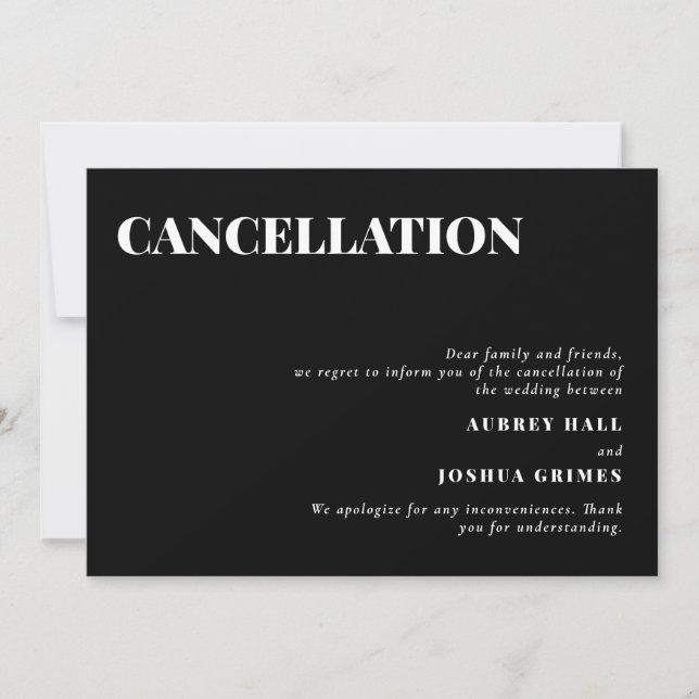 Invitation Annulation du Mariage minimal Black Clean (Devant)