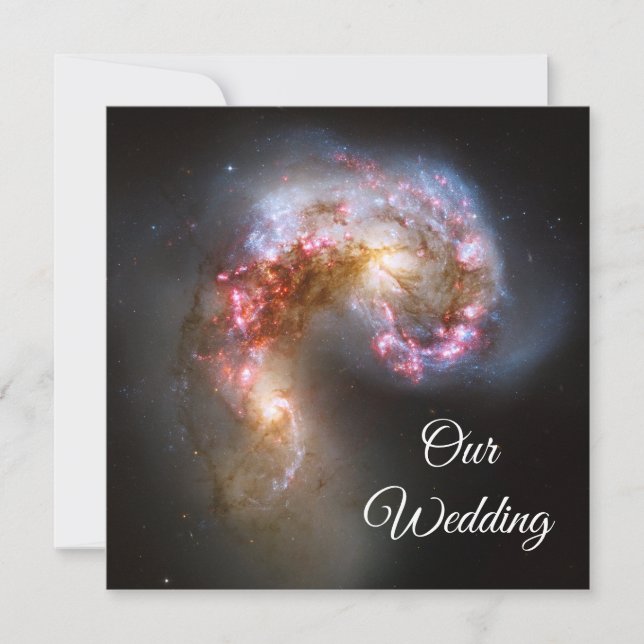 Invitation Antennes Galaxies roses étoiles Mariage cosmique (Devant)